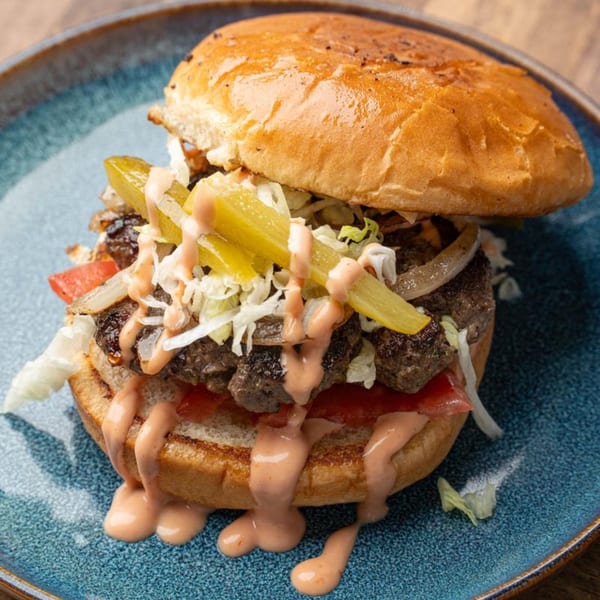 A juicy burger with pickles, onions, lettuce, and sauce on a blue plate.