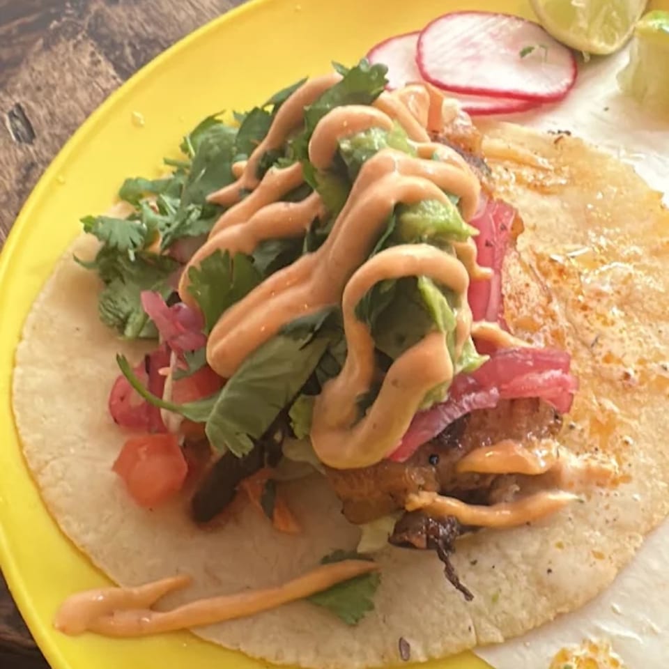 A vibrant Sullivan Taqueria taco on a yellow plate, topped with sauce, cilantro, and pickled onions.